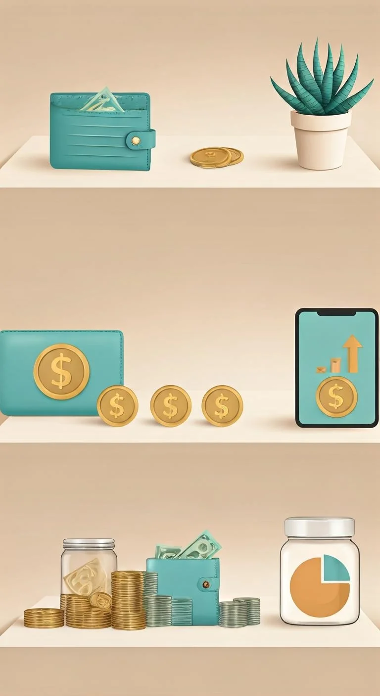 Automated savings process with digital banking and financial growth indicators.