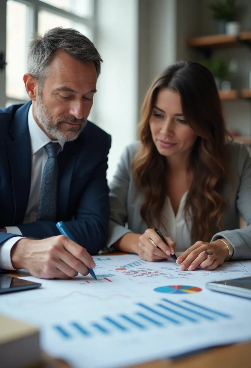 Couple reviewing financial plans with advisor, charts visible.