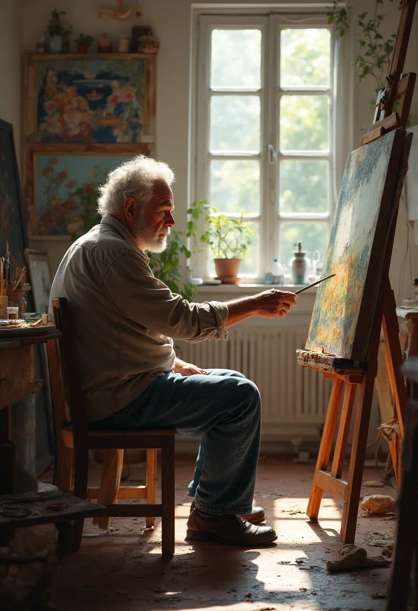 Retiree painting in studio with art supplies.