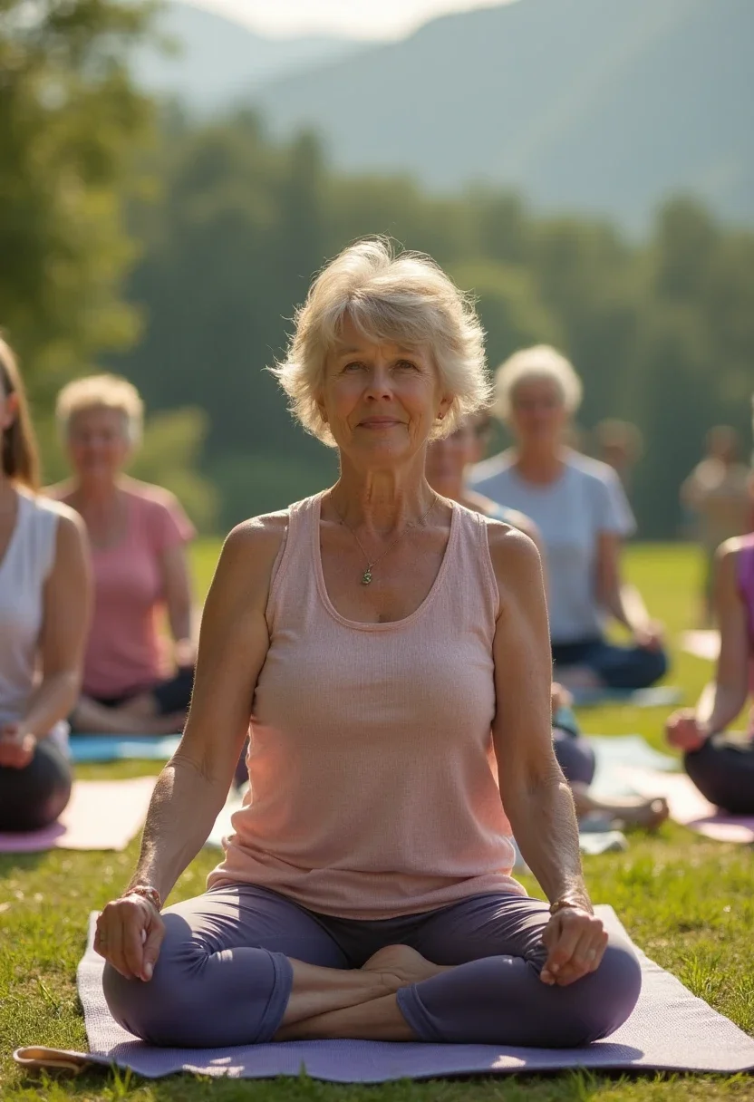 Retirees doing yoga outdoors in scenic setting.