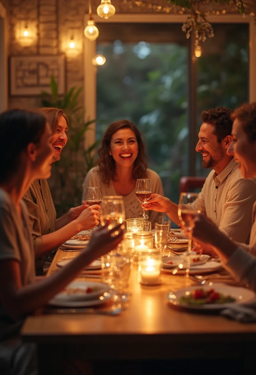 Friends at a dinner party, laughing and talking.