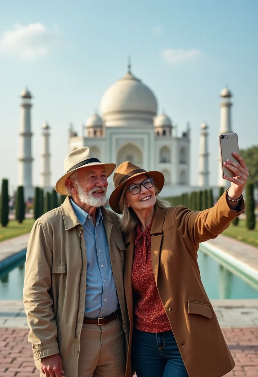 Retiree couple taking selfie at landmark.