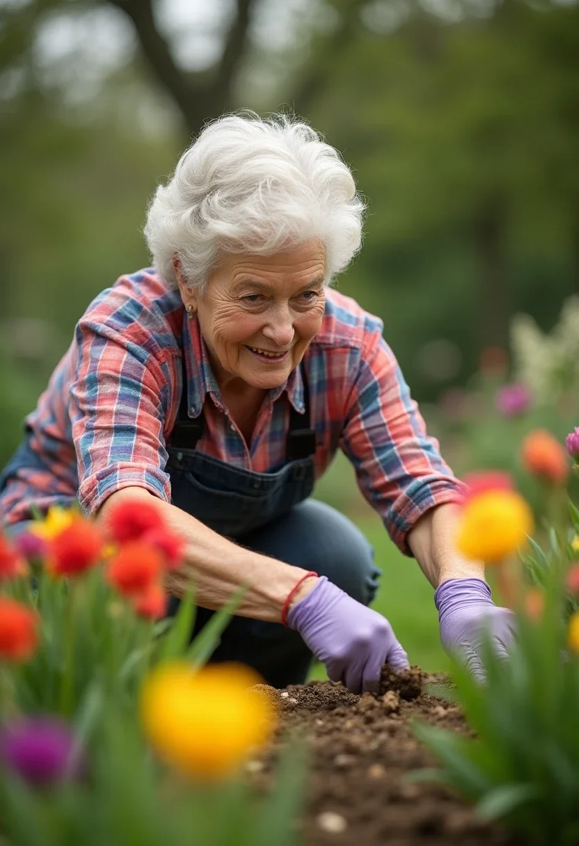 Retiree volunteering at community garden, planting flowers.