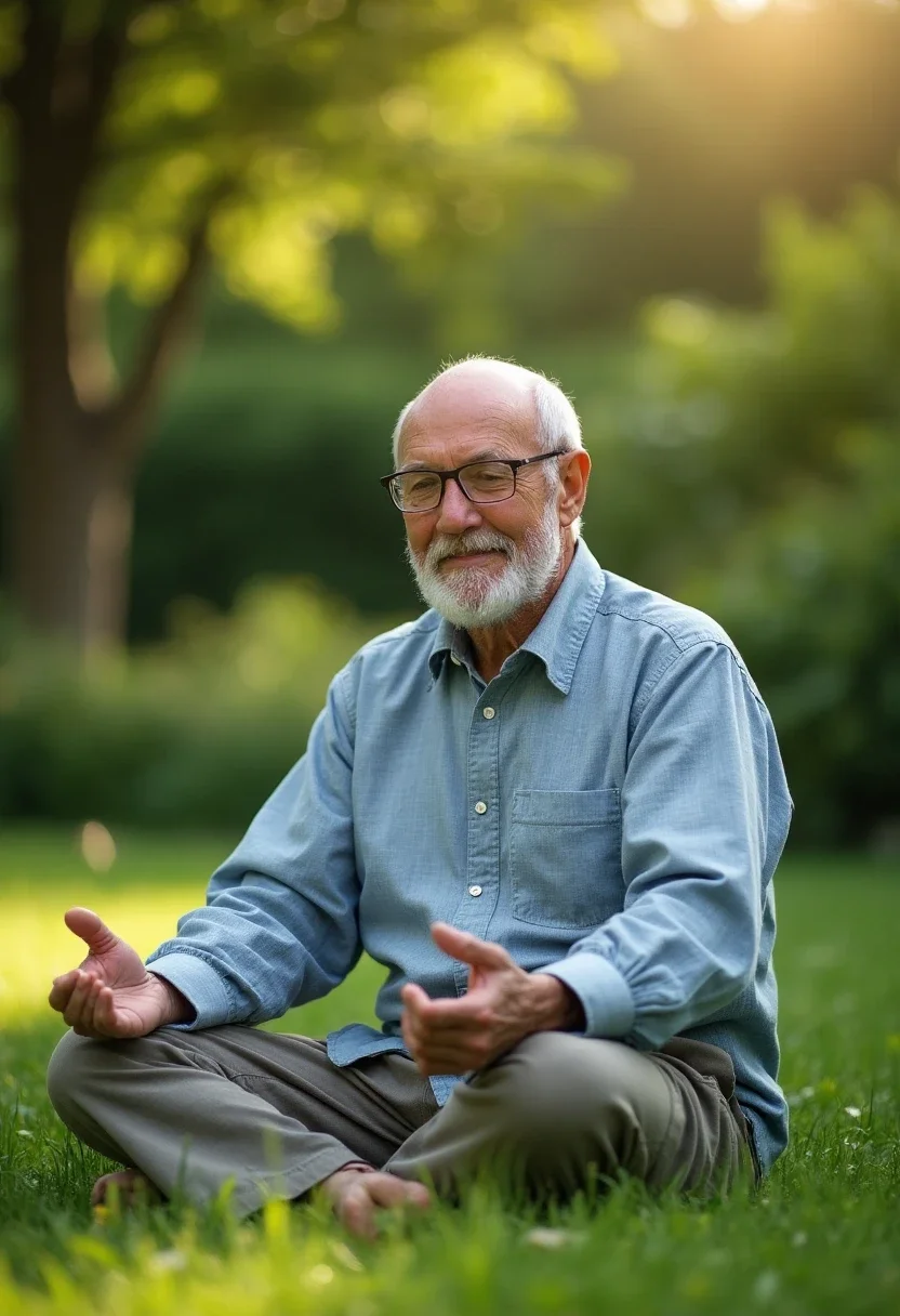 Retiree meditating in garden, surrounded by greenery.