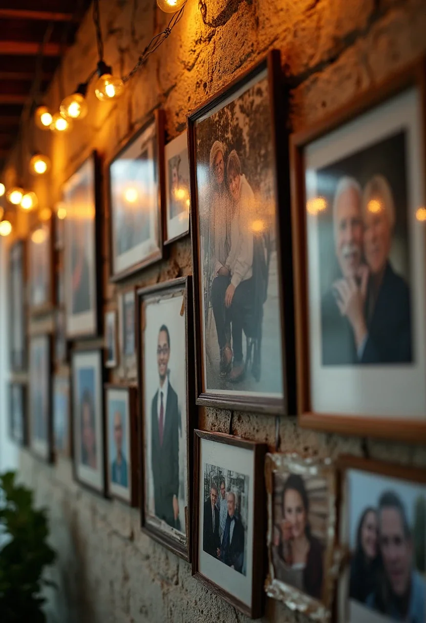 Photo wall with framed images and lights celebrating a retiree's life.