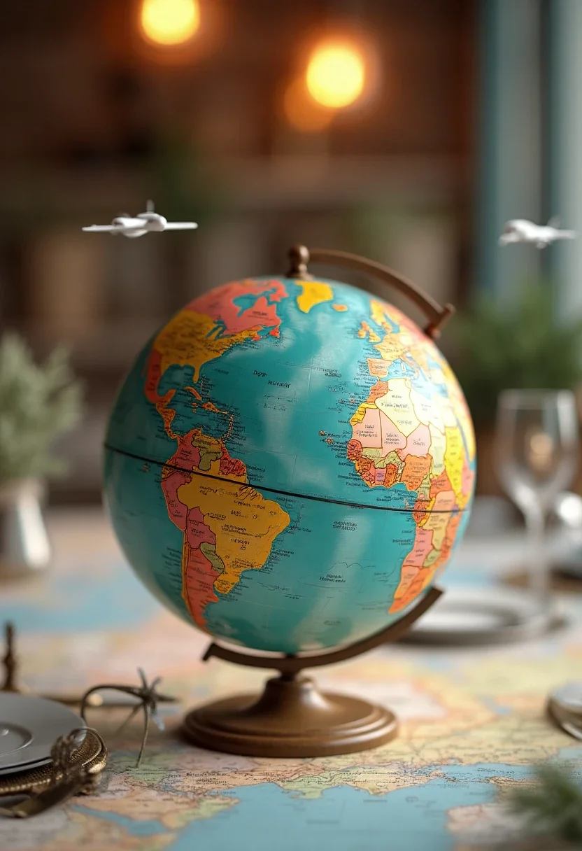 Travel-themed centerpiece with a globe and decorative elements.