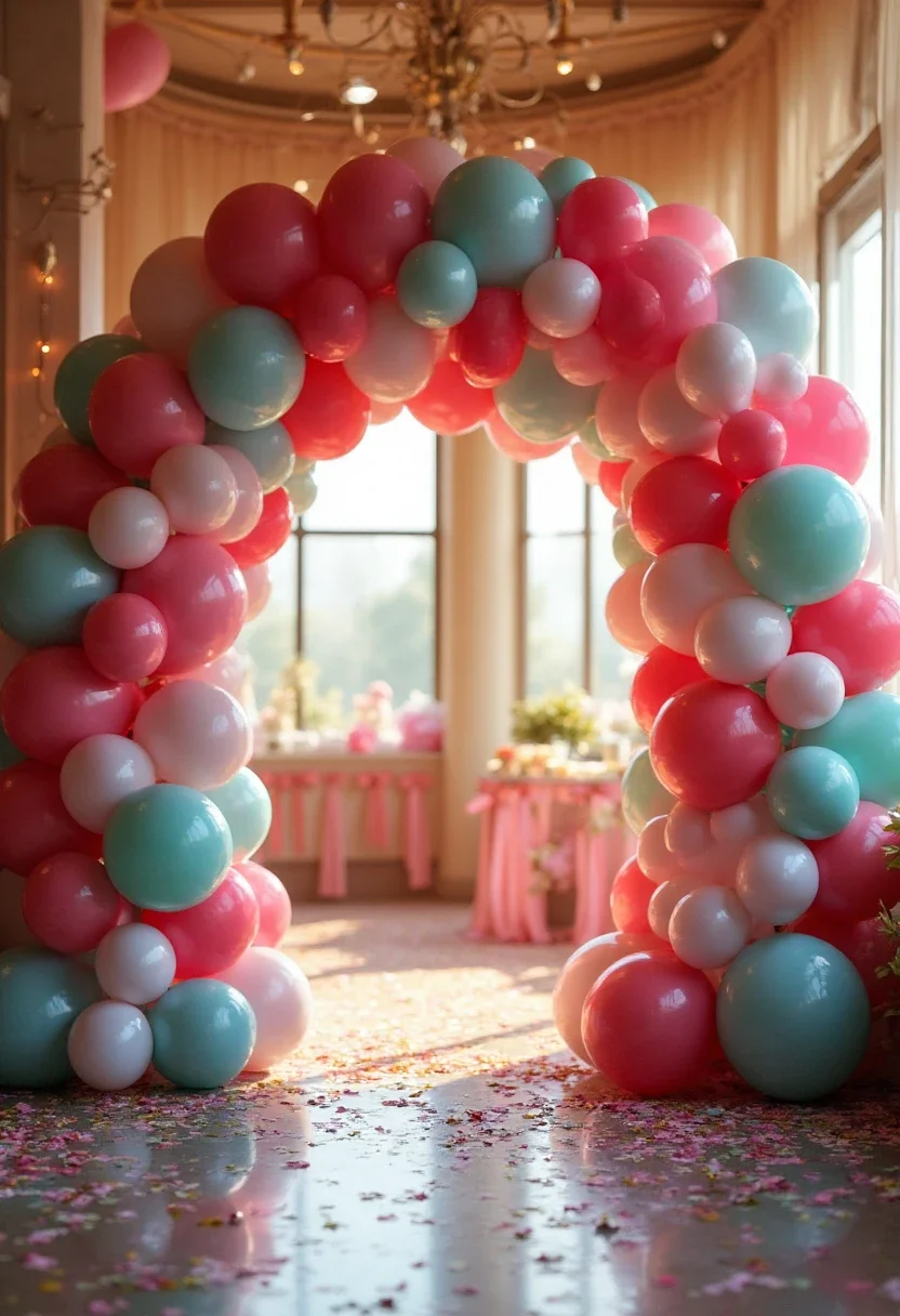 Balloon arch with metallic and confetti balloons at a party entrance.
