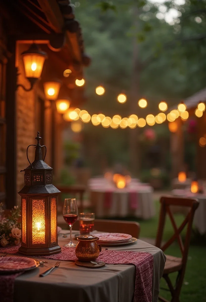 Outdoor party with string lights and lanterns for ambiance.