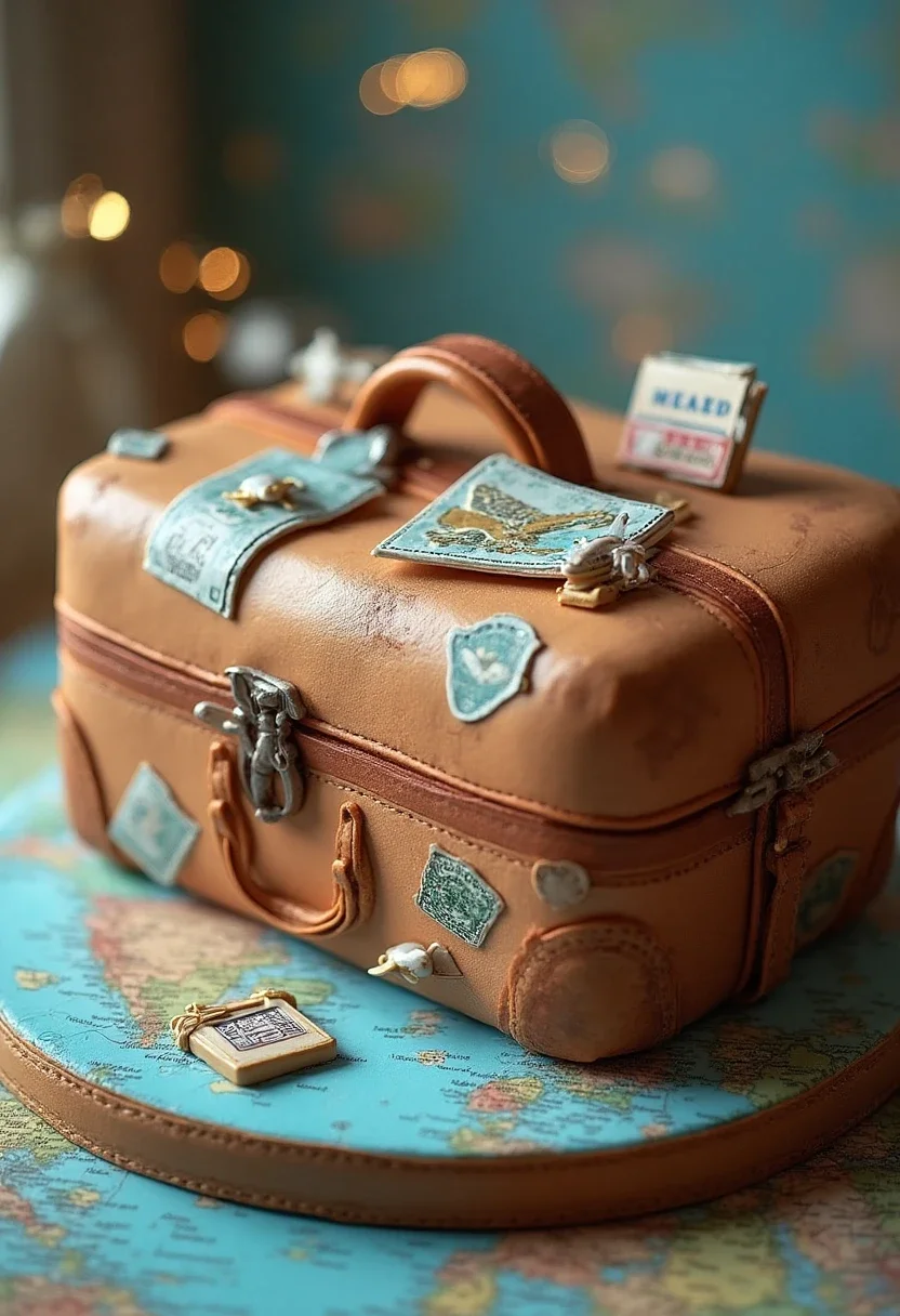A travel-themed cake with a world map and airplane decorations.