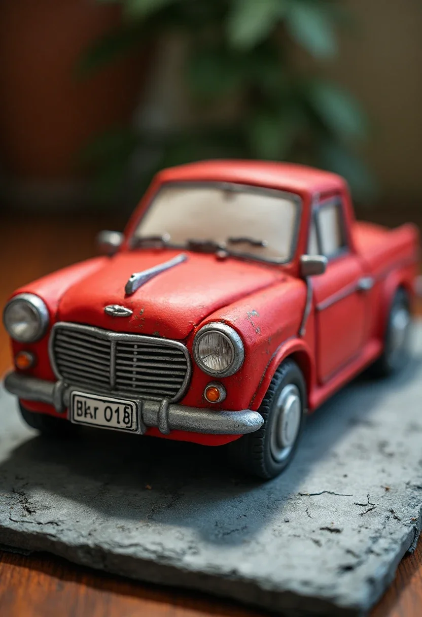 A vintage car-themed cake with detailed fondant decorations.