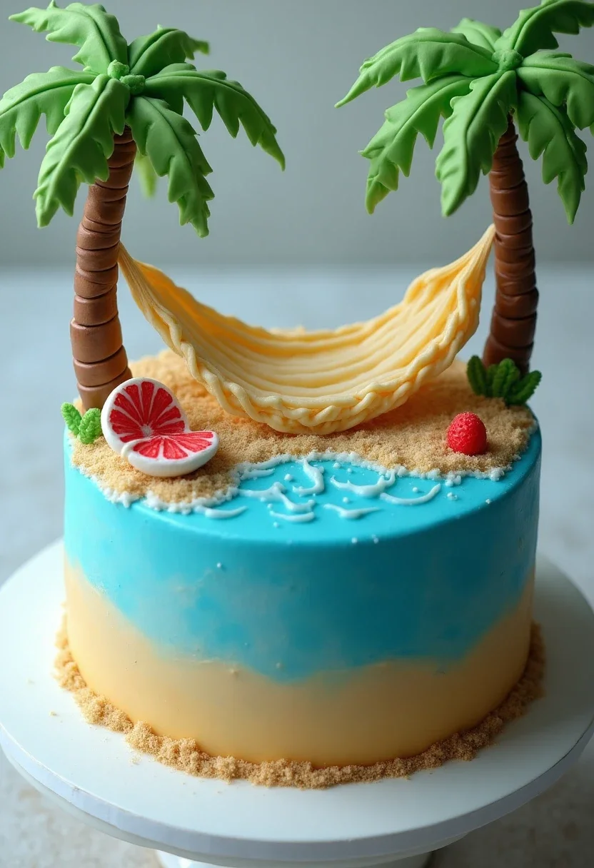 A relaxation-themed cake with beach and hammock decorations.