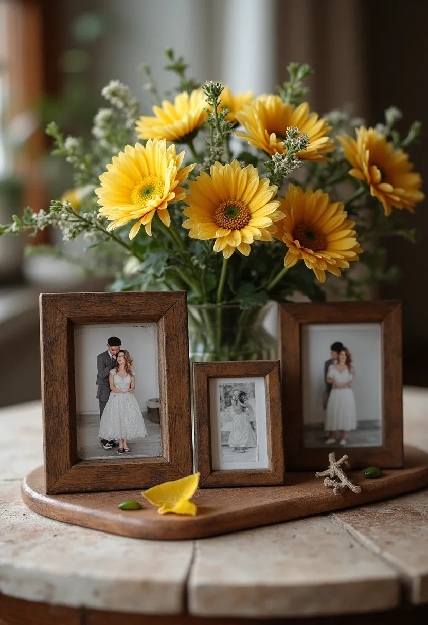 Centerpiece with framed photos and mementos.