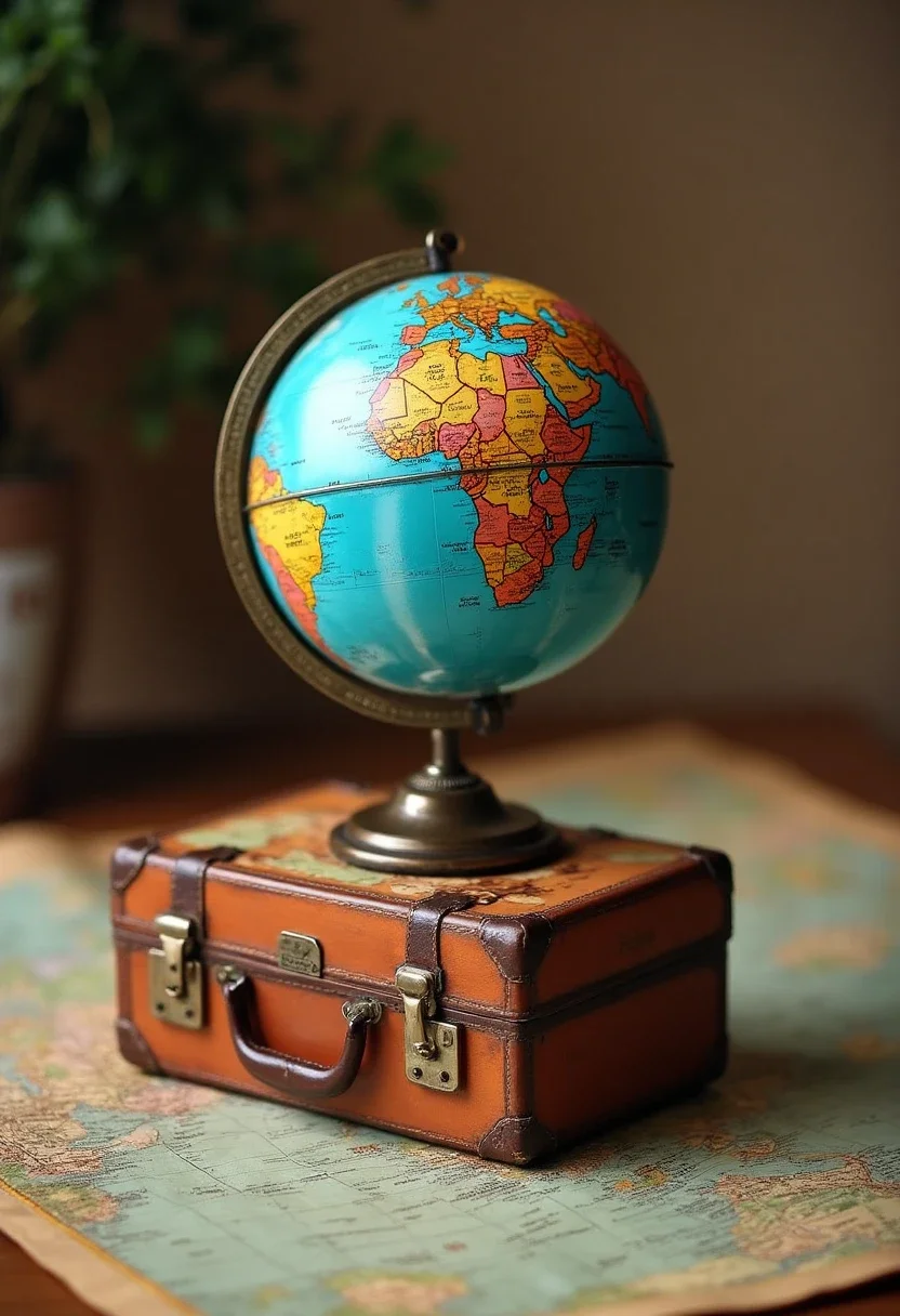 Travel-themed centerpiece with globe and suitcase.