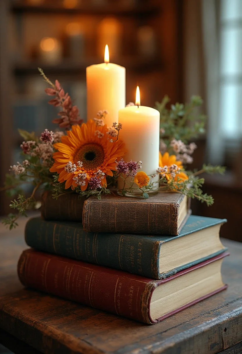 Book-themed centerpiece with stacked books and candles.