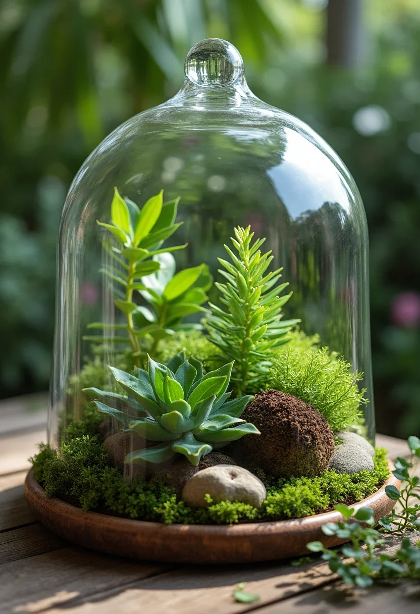 Garden-themed centerpiece with terrariums and plants.