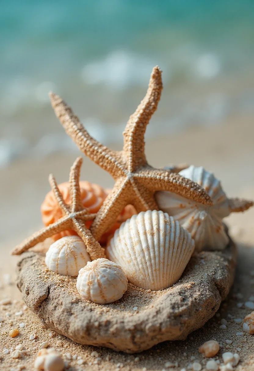 Seaside-themed centerpiece with seashells and sand.