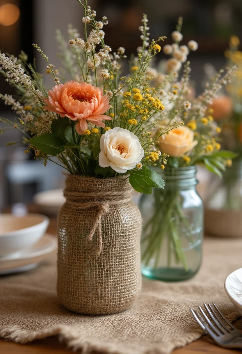 Rustic-themed centerpiece with burlap and mason jars.