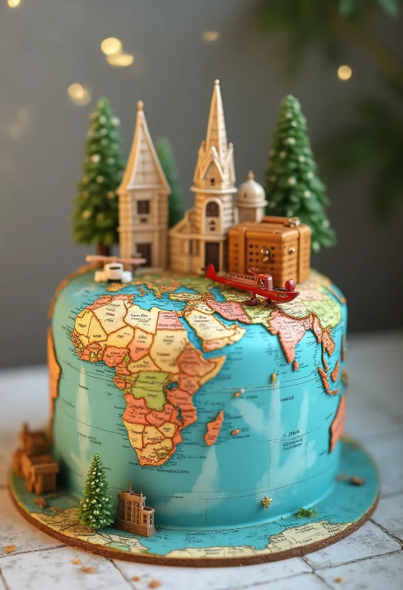 Travel-themed cake with edible maps and miniature landmarks