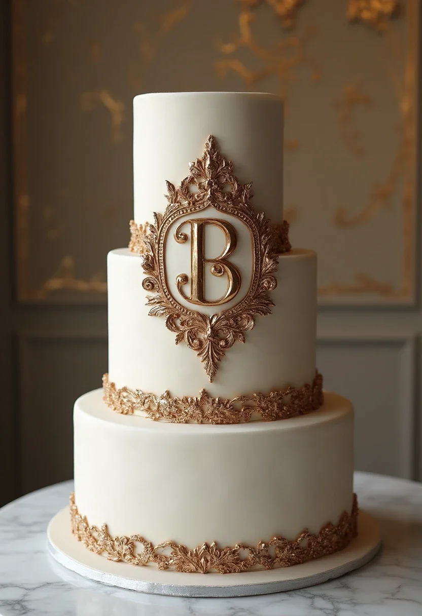 Monogram cake with ornate design and metallic accents