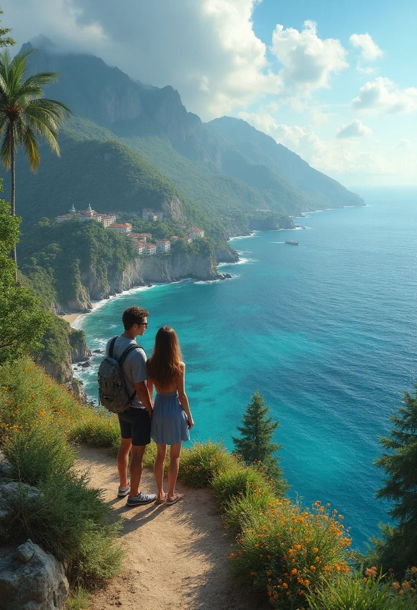 Couple enjoying a scenic travel destination.