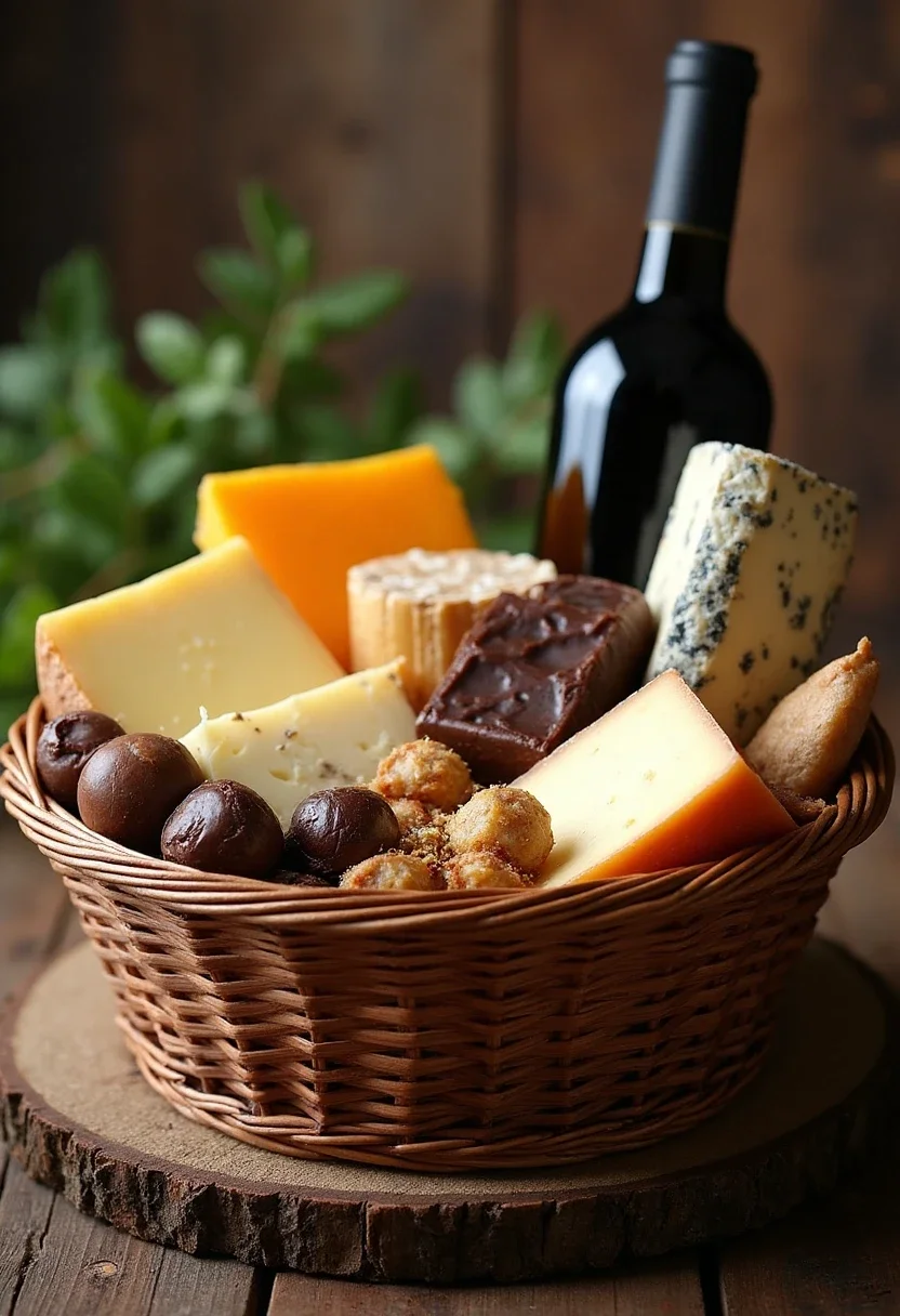 Gourmet gift basket with cheeses, chocolates, and wine.