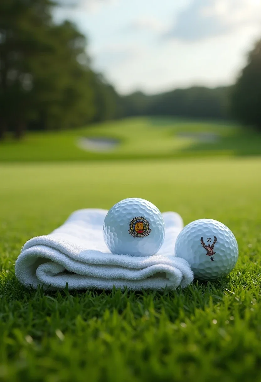 Customized golf balls and towel on a golf course.