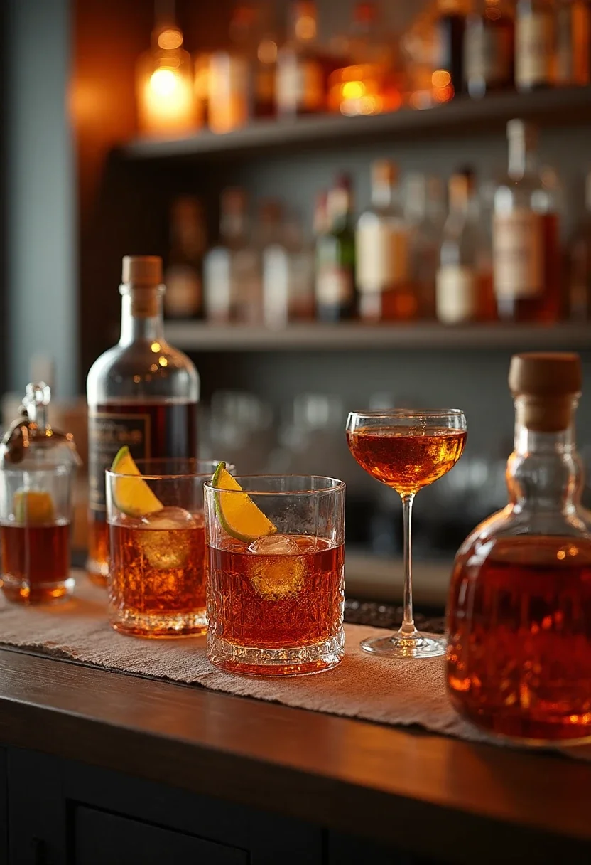 Home bar setup with barware and spirits.