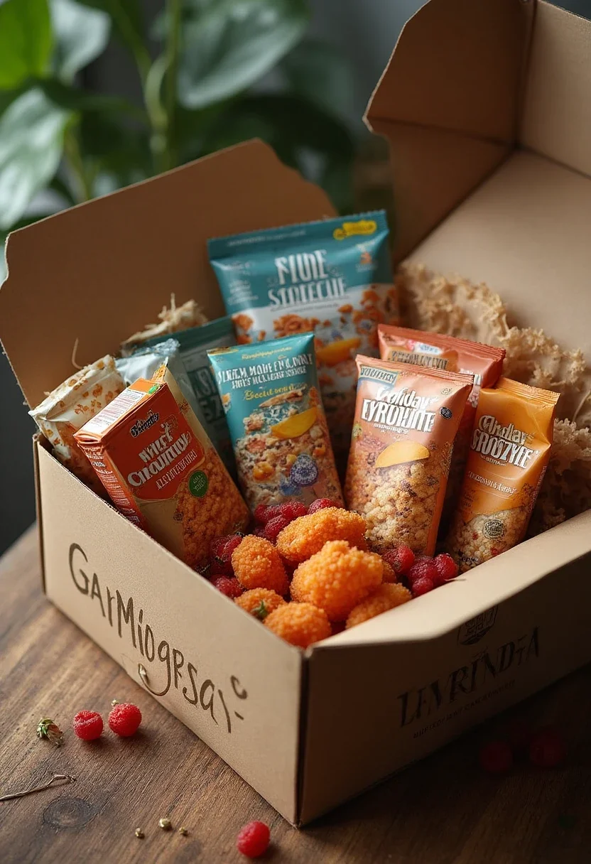 Subscription box with gourmet snacks and a book.