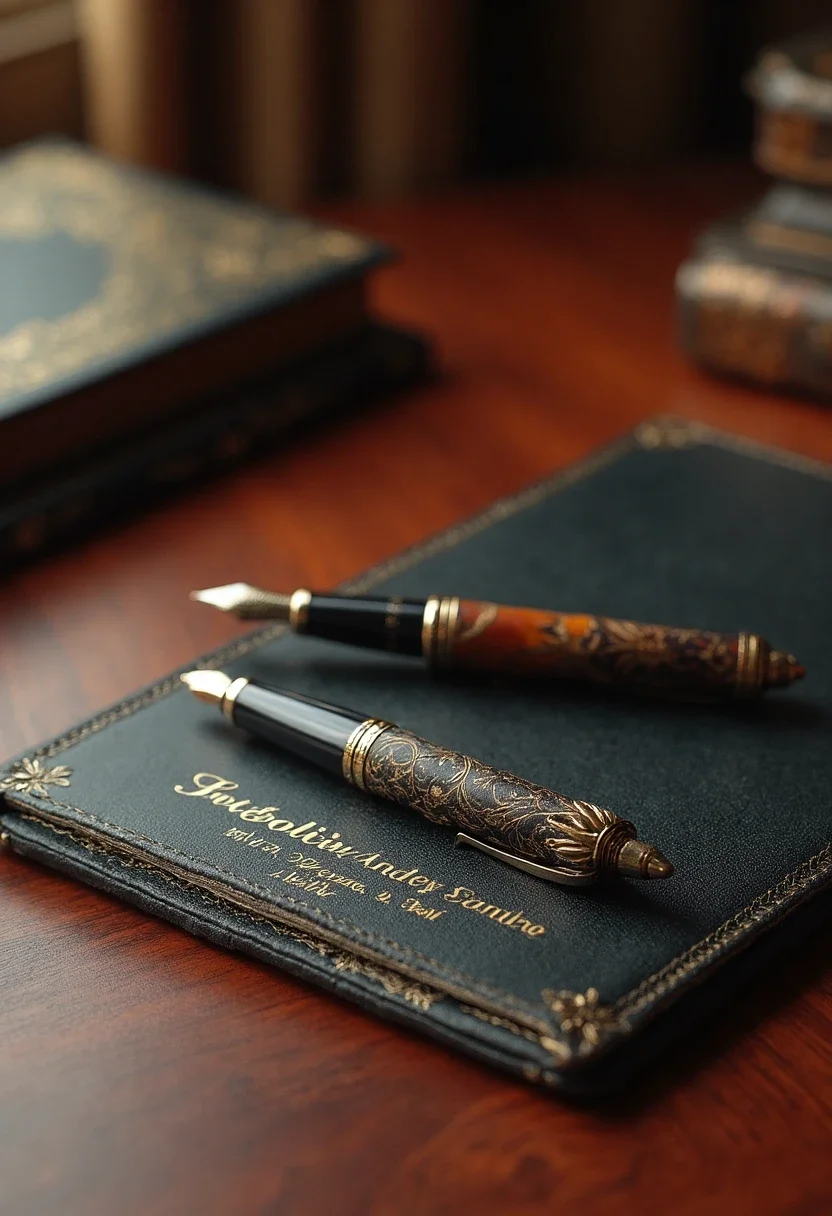 Personalized desk accessories including a pen set and nameplate.