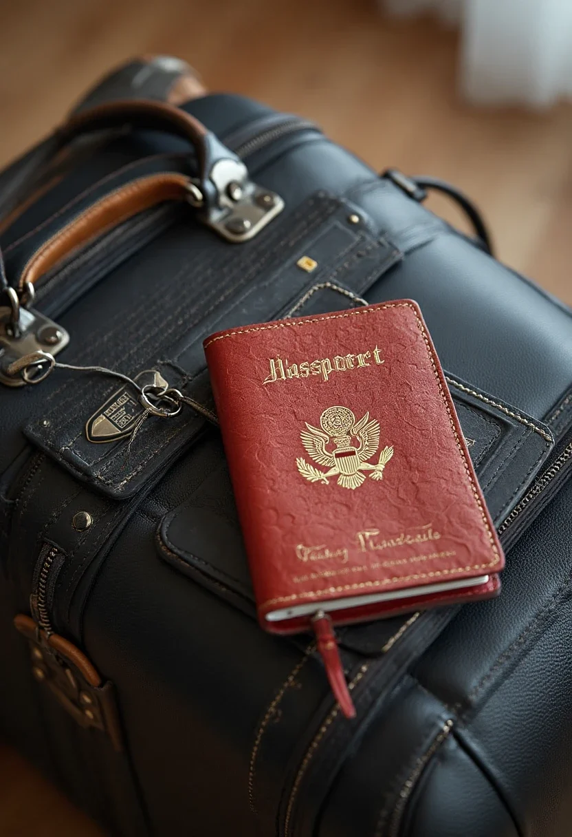 Travel essentials including luggage, passport holder, and journal.