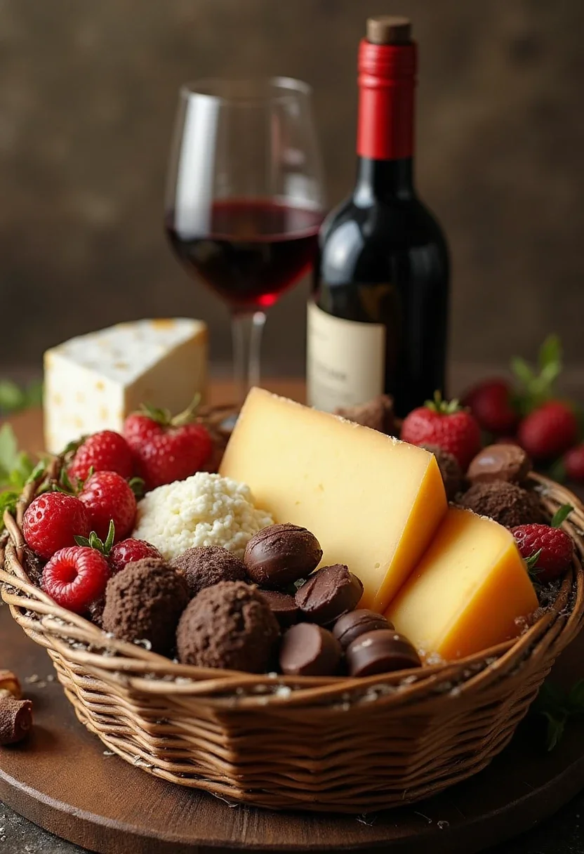 An artisan gourmet basket with wine, cheese, and chocolates.