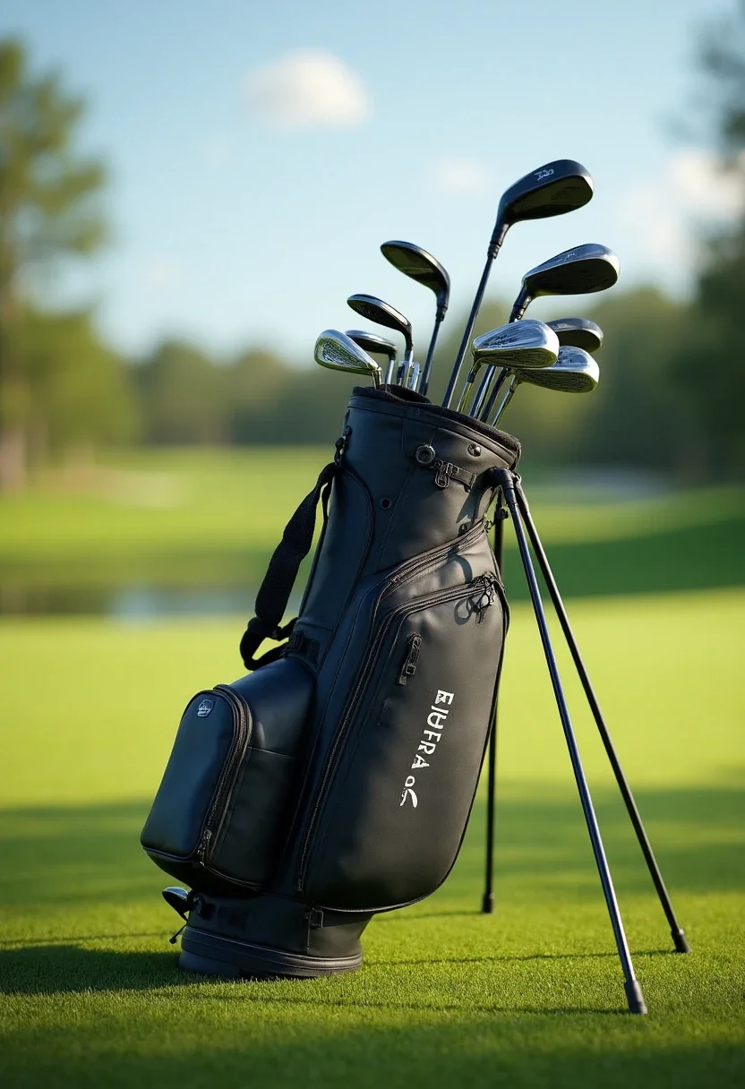 Complete golf club set with a sleek bag on a golf course.