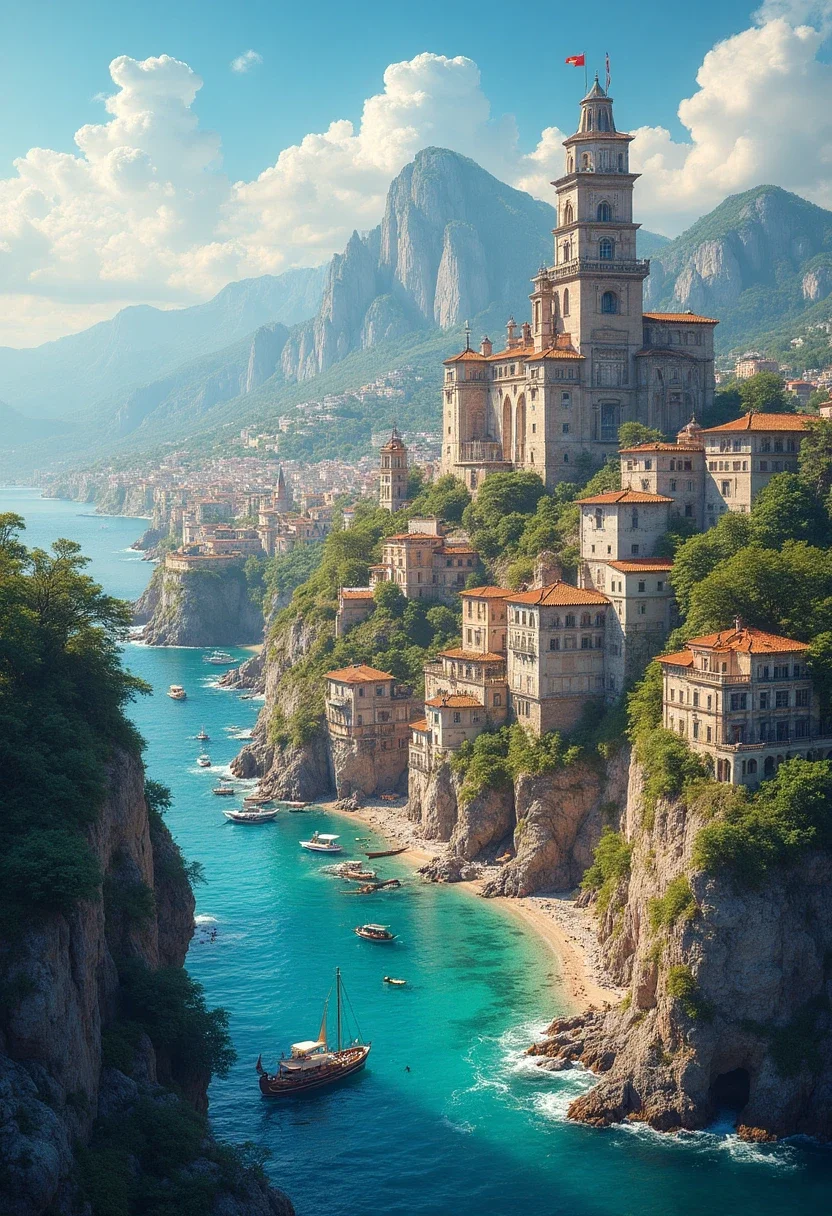 Scenic landscape of a travel destination with landmarks.