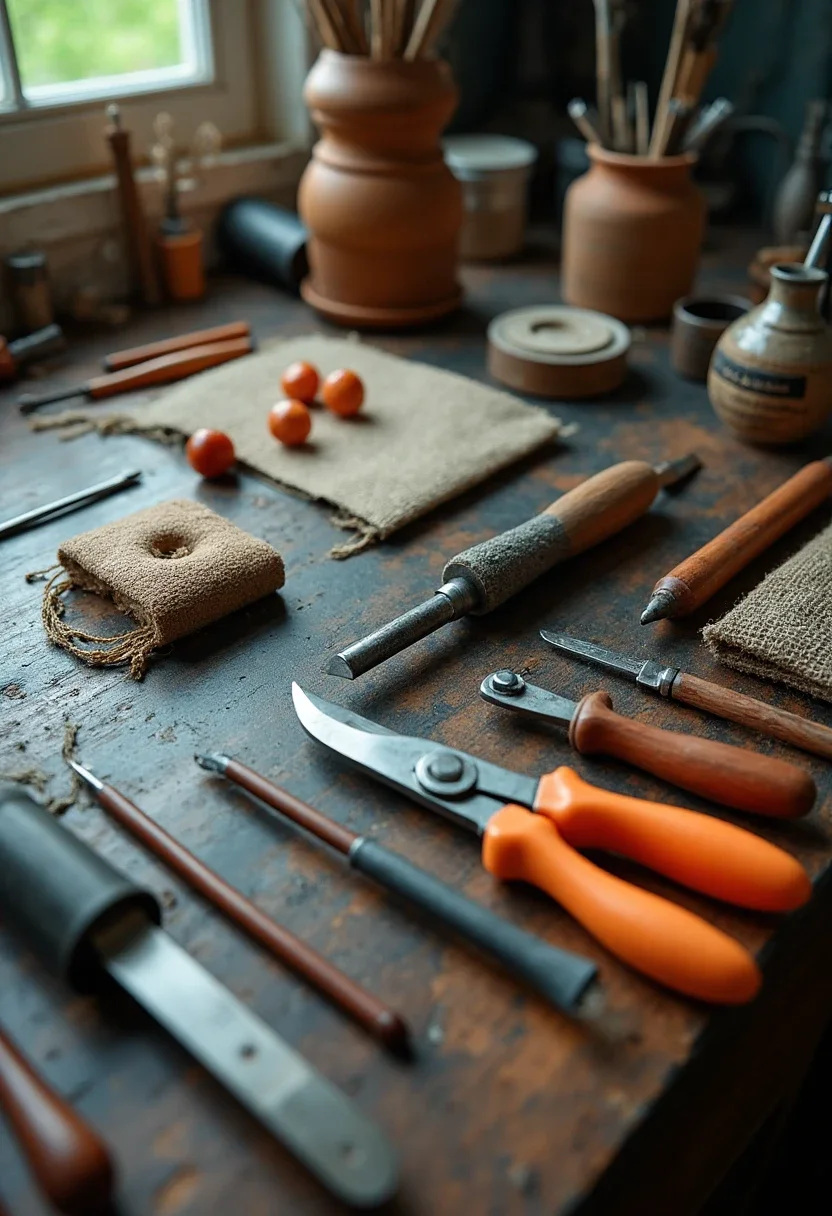 DIY craft kit with tools and materials on a workbench.