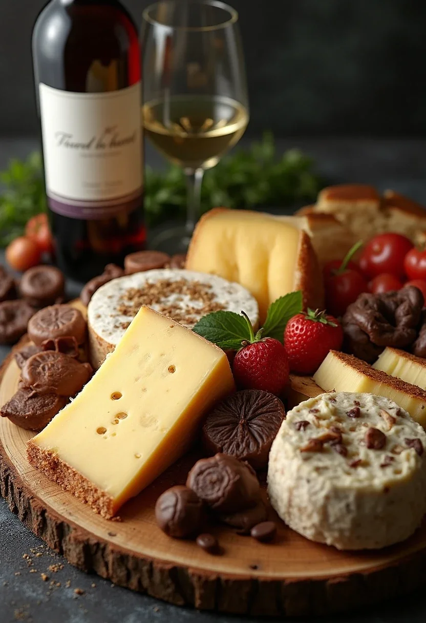 Gourmet food basket with cheeses, chocolates, and wine.