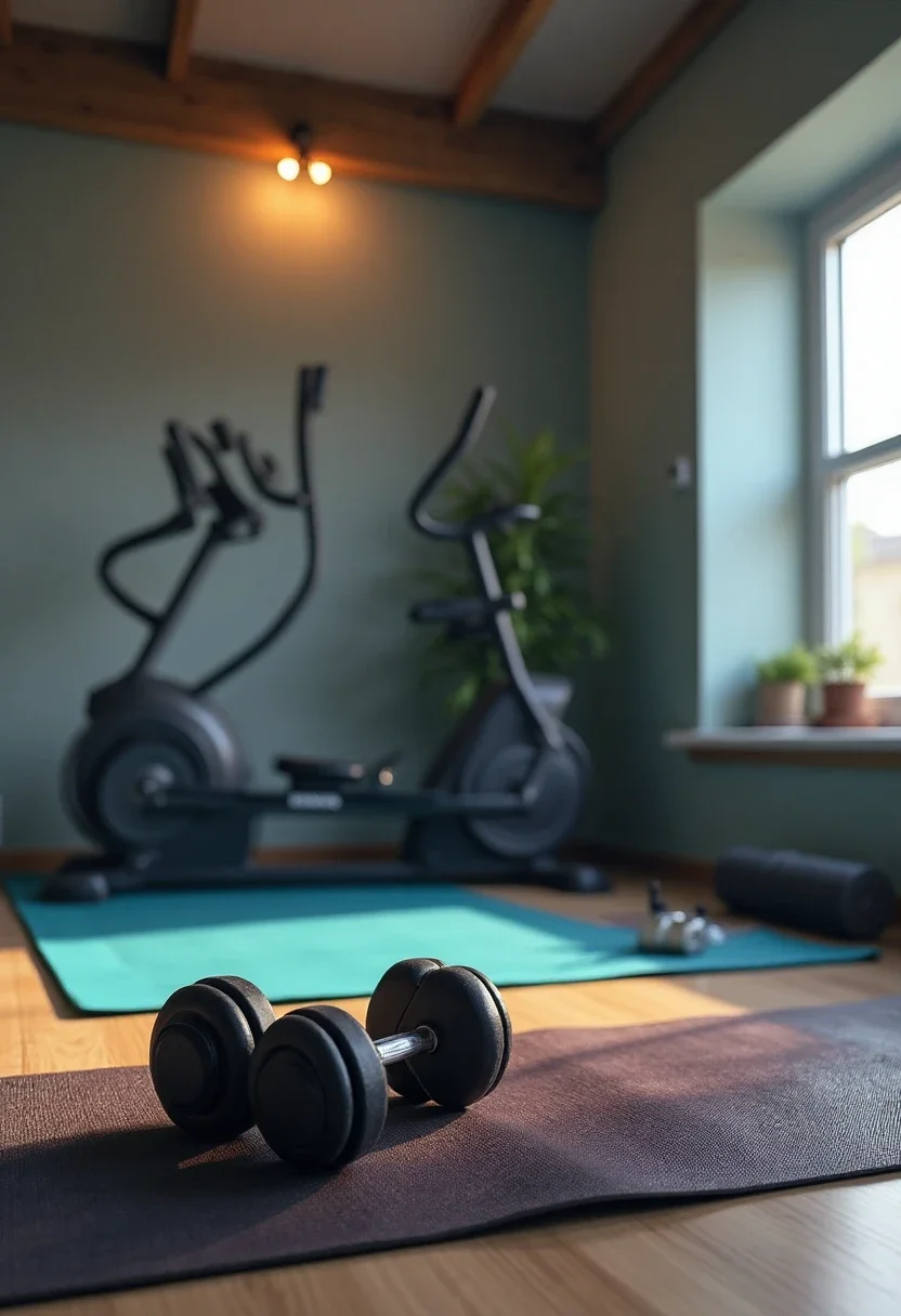 Home gym setup with dumbbells, yoga mat, and elliptical.