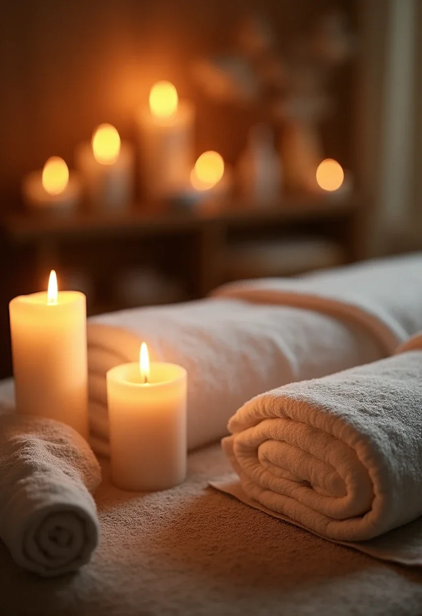 Serene spa setting with candles and massage table.