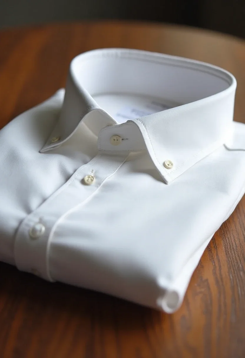A folded white shirt on a wooden table showing fabric texture.