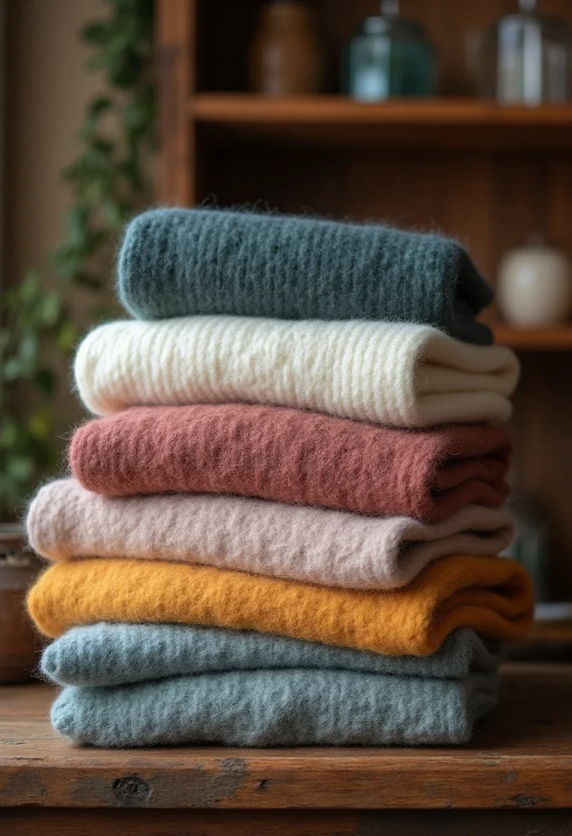 Folded cashmere sweaters in muted colors on a wooden shelf.