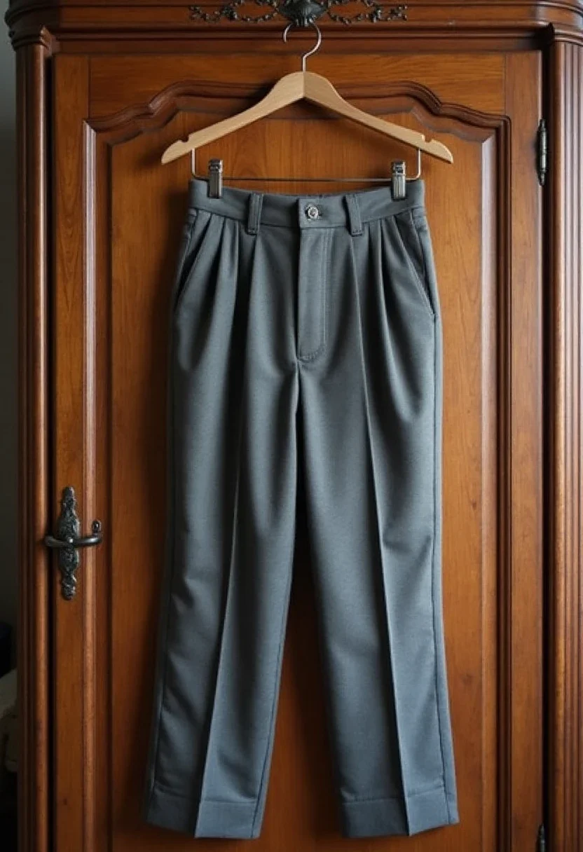 Grey pleated trousers on a wooden hanger in front of a wardrobe.