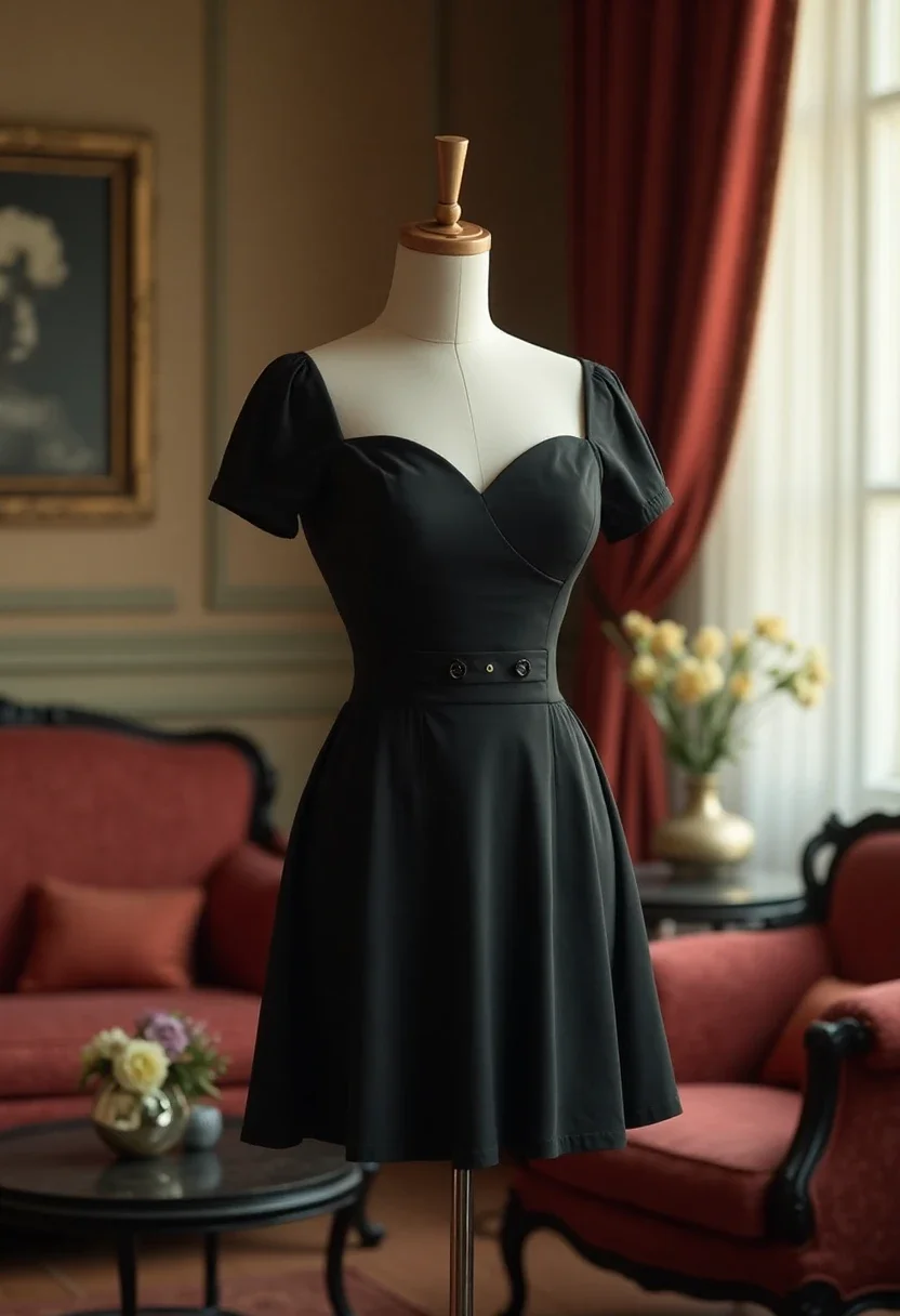 A black dress on a mannequin in an elegantly decorated room.