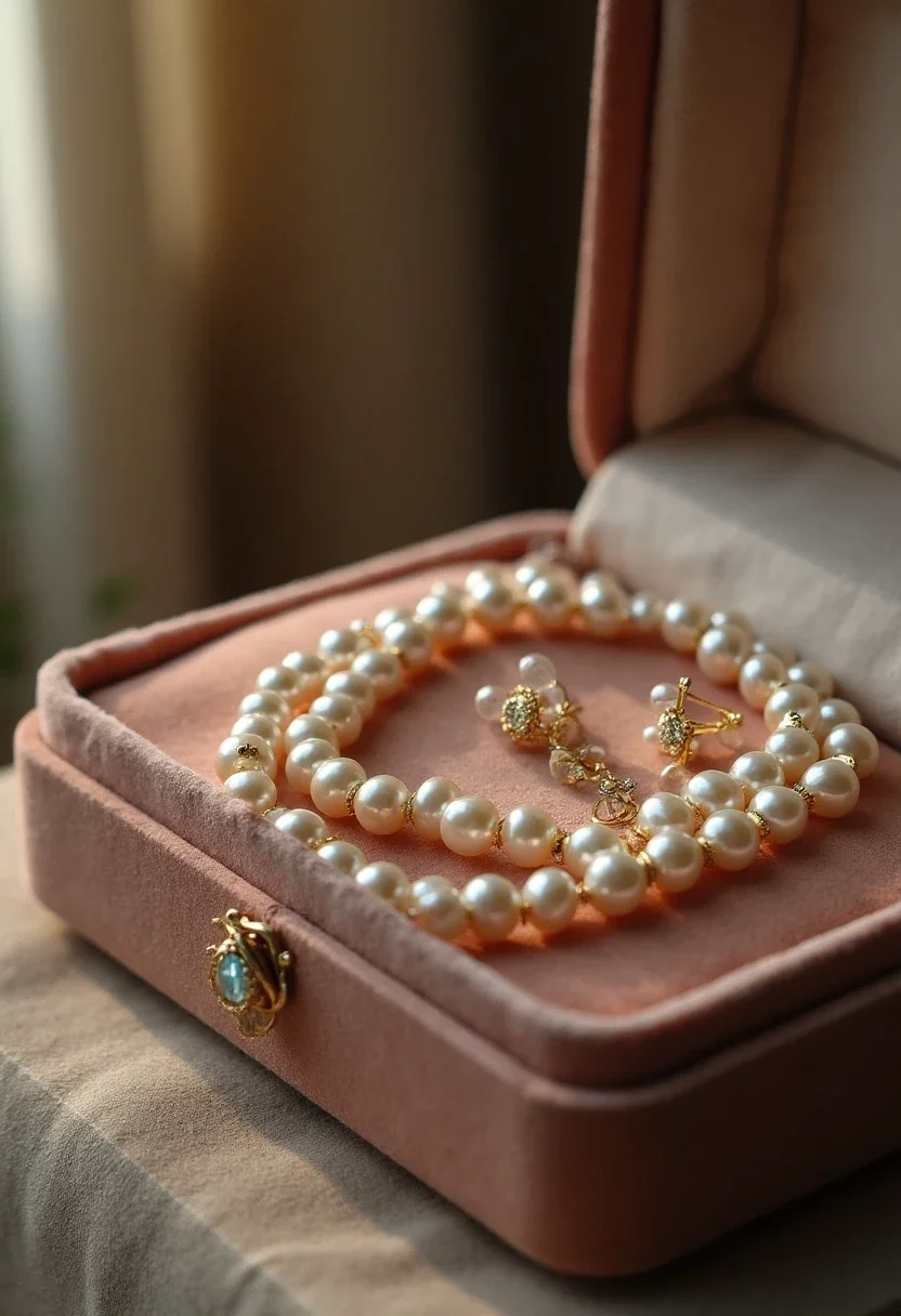A pearl necklace and gold earrings on a velvet jewelry box.