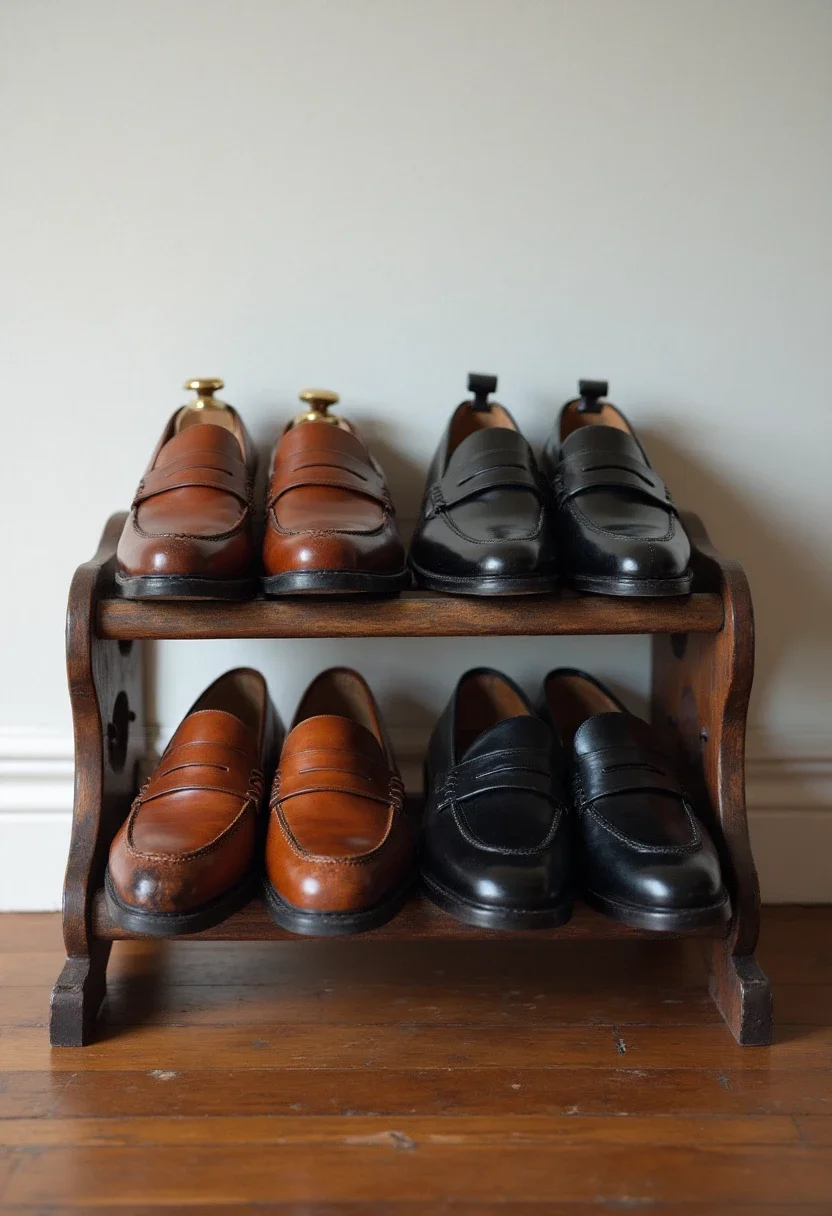 Brown loafers and black Oxfords on a vintage shoe rack.