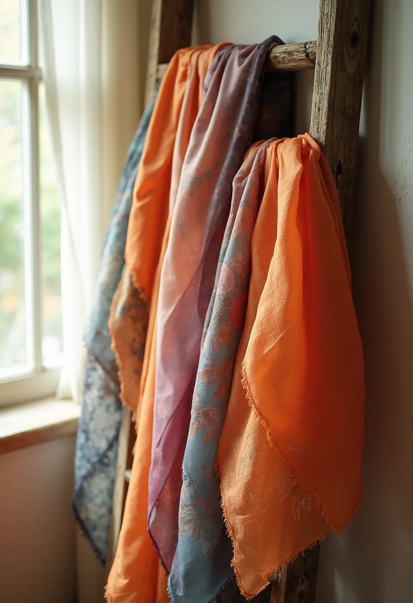 Colorful silk scarves draped over a wooden ladder.