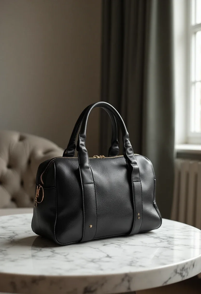 A black leather handbag on a marble table in a minimalist room.