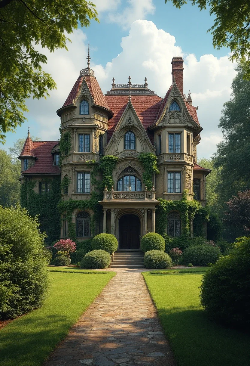 A historical mansion with lush gardens representing old money grandeur.