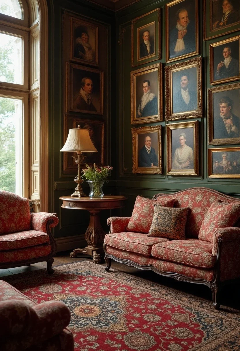Family heirlooms and portraits in a grand living room.
