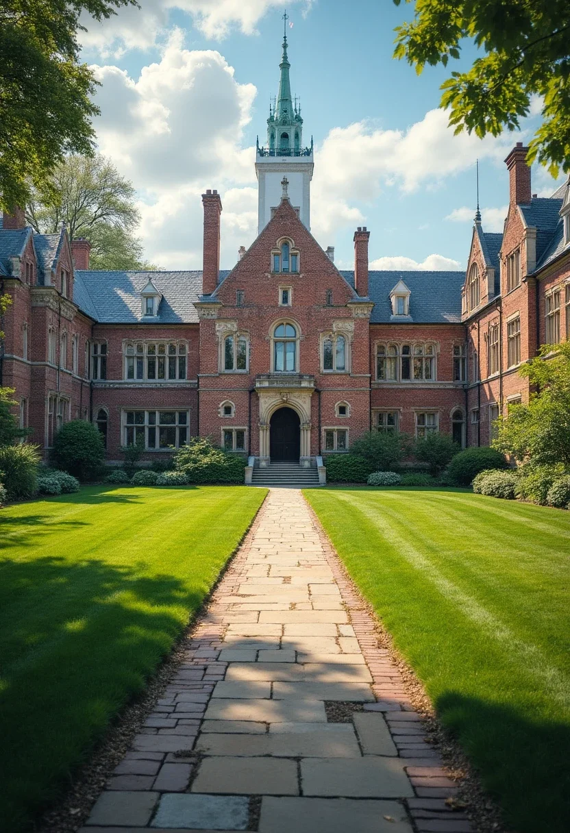 Historic university campus with manicured lawns.