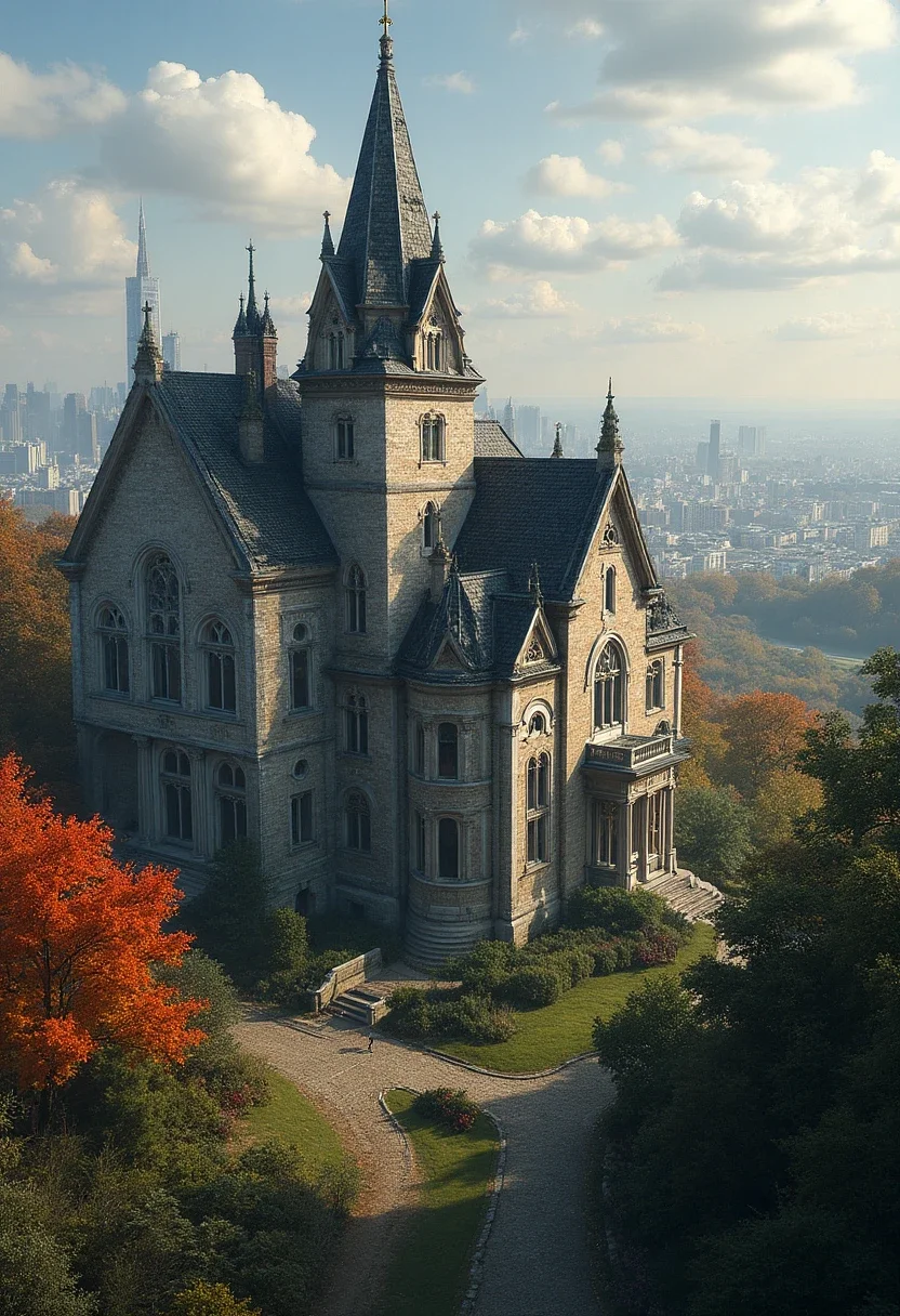Modern cityscape juxtaposed with an old manor.