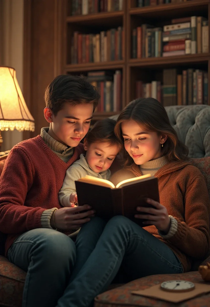 Young family reading in an elegantly decorated library.